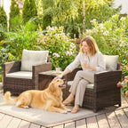 Outsunny Rattan Bistro Set, 3 Piece Garden Furniture Set with 2 Tier Glass Top Table and Cushions, Mixed Brown