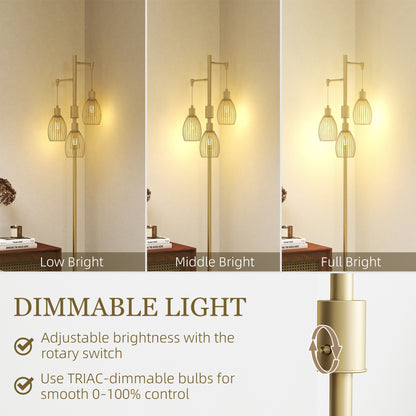 3-Light Floor Lamp, 170cm Industrial Dimmable Standing Lamp with Steel Wire Cage Lampshades for Living Room, Bedroom, Dining Room, Study, Bulb Not Included, Gold Tone