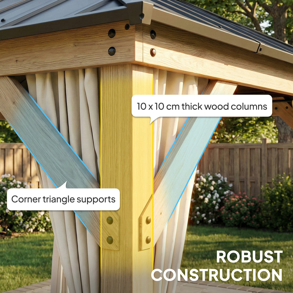 Outsunny 3 x 3 m Outdoor Hardtop Gazebo Canopy with 2-Tier Steel Roof, Wood Garden Gazebo with Curtains, Light Grey