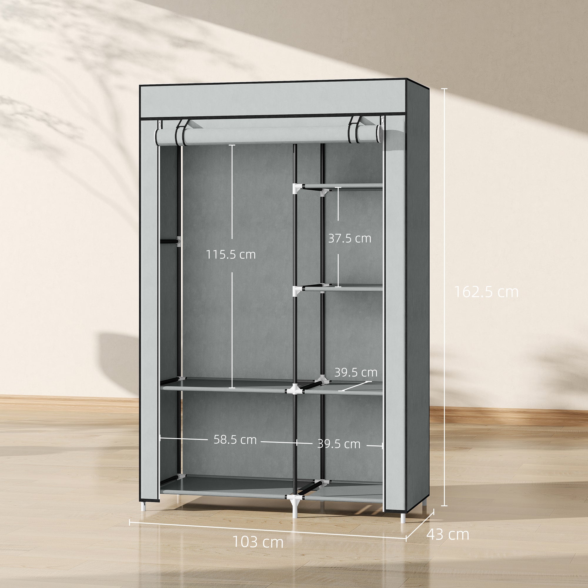 Fabric Wardrobe w/ Shelves Hanging Rail Foldable Wardrobe Light Grey