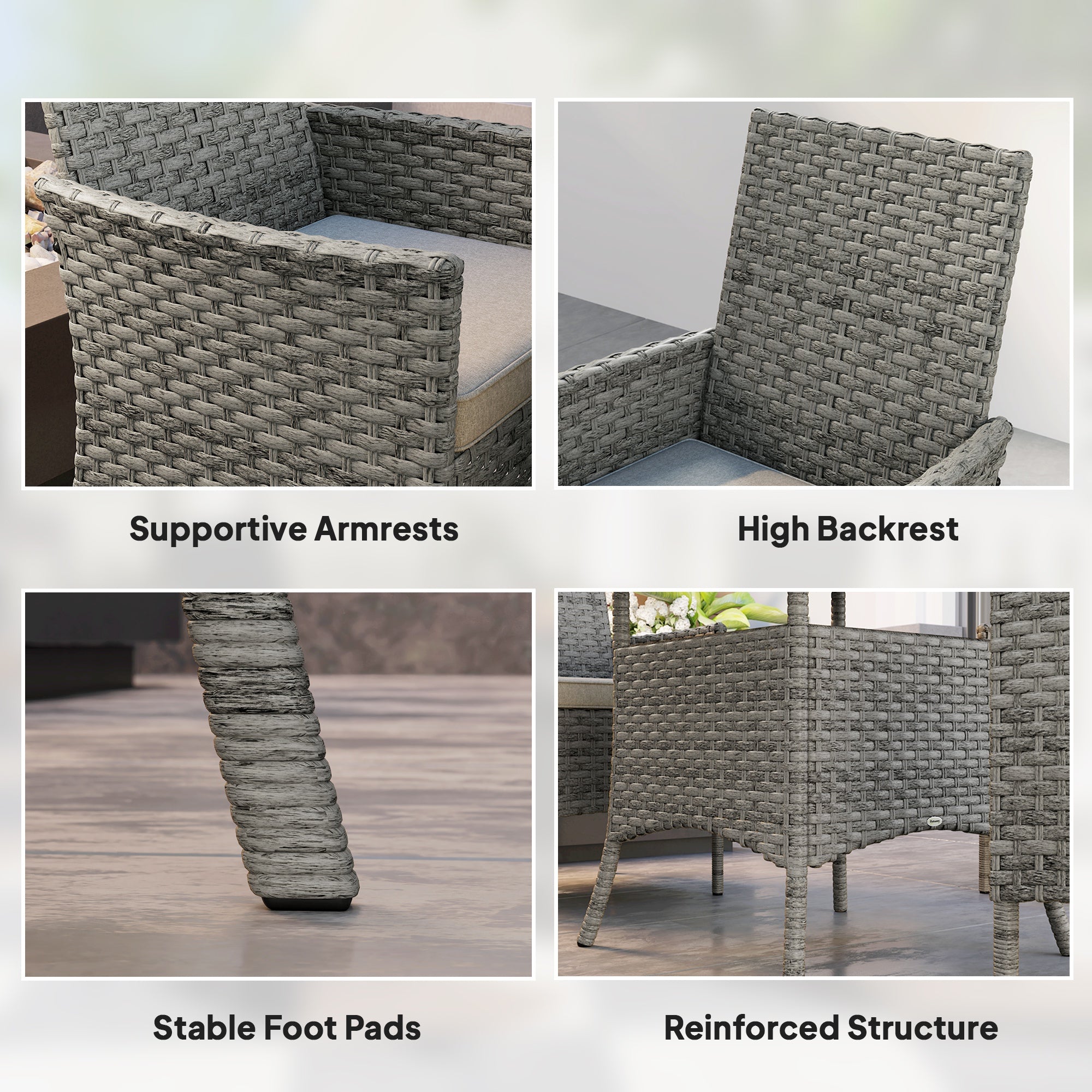 Outsunny Rattan Garden Furniture Set, Outdoor Dining Table and Chairs 4 Seater with Cushions, Square Tempered Glass Top, 4 Armchairs, for Balcony, Terrace, Conservatory, Grey