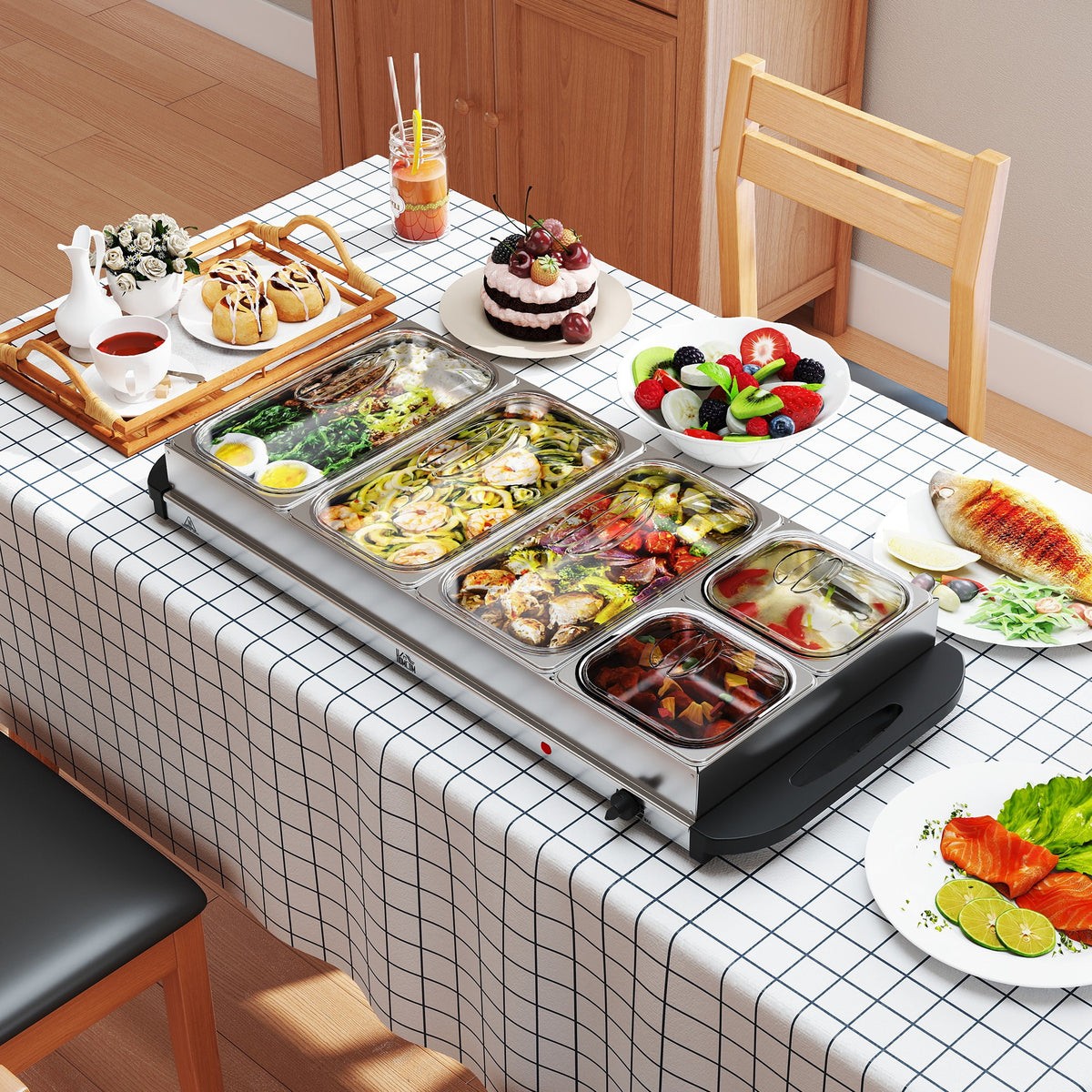 5 Tray Electric Food Warmer Buffet Server with Warming Plate, Cool Touch Handles, Adjustable Temperature, 300W, 3 x 2.4L and 2 x 1L Pans