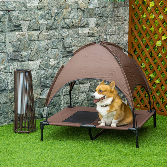 PawHut Outdoor Dog Bed with Removable Canopy, Portable Raised Dog Bed for Camping, Garden & Beach, Water-Resistant UV-Protection Mesh Pet Cot Sun Lounger, for Large Pets, 92 x 76 x 90 cm, Brown