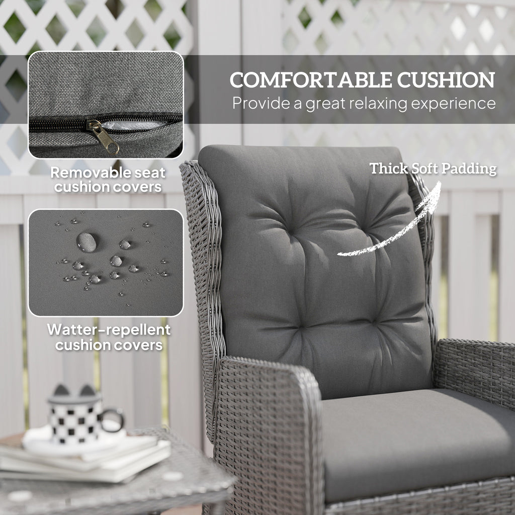 Outsunny 5 Pieces Rattan Bistro Set with Adjustable Back, Reclining Wicker Balcony Furniture with Cushions, Glass Top Coffee Table and Footstools, Outdoor Table and Chairs, Light Grey