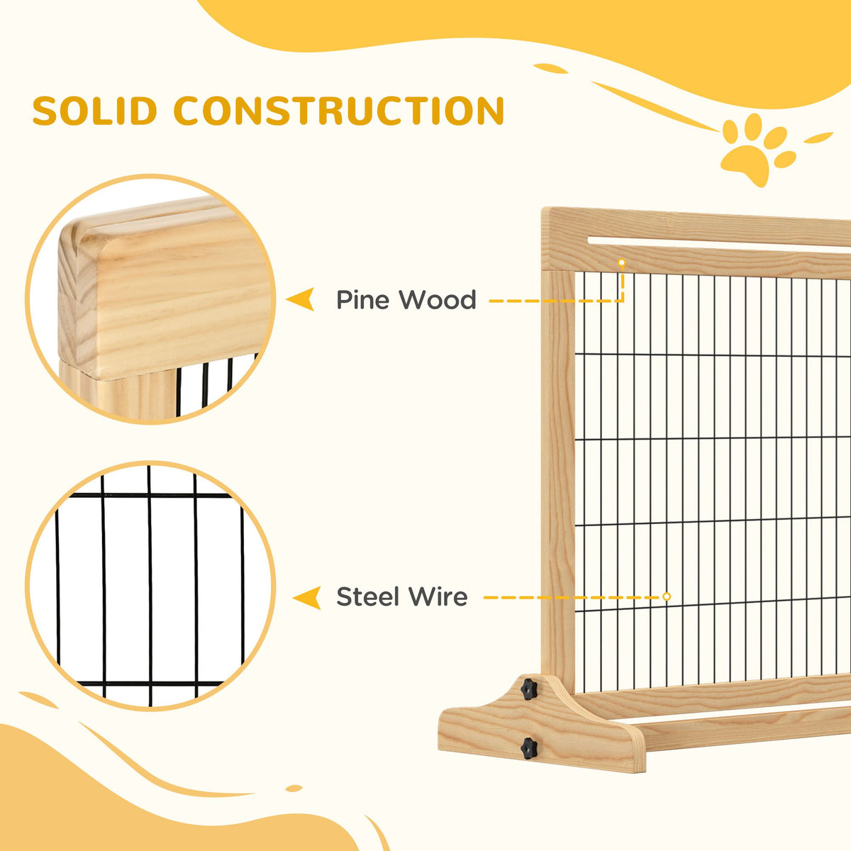 PawHut Freestanding Dog Gate, Foldable Pet Fence, Indoor Wood Barrier, Stair Gate with Support Feet, for Doorway, Hallway, Small and Medium Dogs, 69H x 104-180 cm, Natural Wood Finish