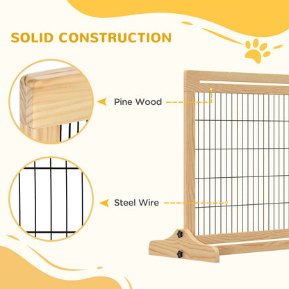 PawHut Freestanding Dog Gate, Foldable Pet Fence, Indoor Wood Barrier, Stair Gate with Support Feet, for Doorway, Hallway, Small and Medium Dogs, 69H x 104-180 cm, Natural Wood Finish