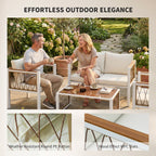 Outsunny 4 Piece Rattan Garden Furniture Set with Loveseat, 2 Armchairs, Table, Metal Frame Patio Conversation Set, Cream White