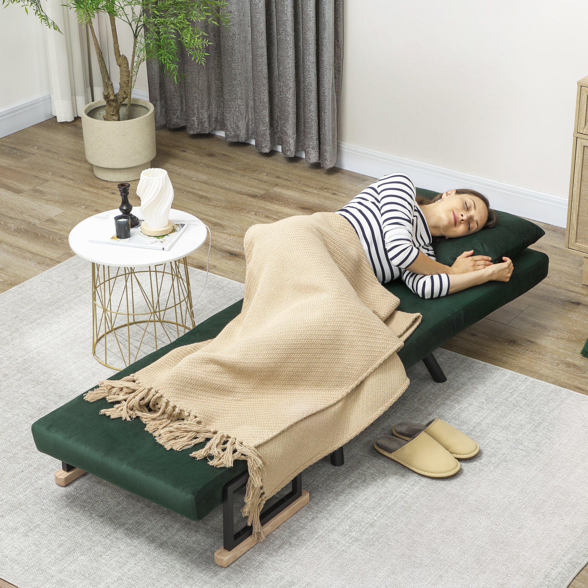 HOMCOM 4-in-1 Velvet-Feel Single Chair Bed, with Pillow - Green
