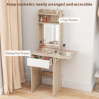 HOMCOM Small Vanity Desk with Mirror and LED Lights, Compact Dressing Table with Drop Leaf, Open Shelves, Natural Wood