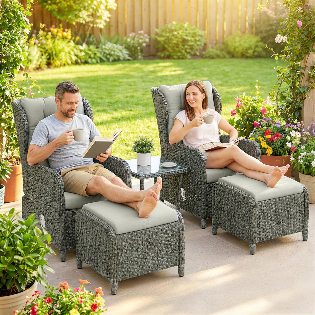 Outsunny Rattan Reclining Garden Chair Set of 2 with Footstool and Cushion for Balcony, Cream