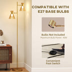 Floor Lamp with Adjustable Dual Head, Modern Standing Lamp with Floral Glass Shades and Foot Switch for Living Room Bedroom, E27 Socket, Bulb Not Included, Gold Tone