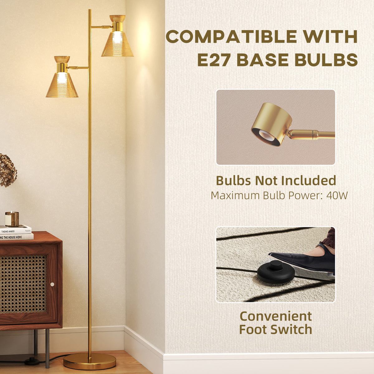 Floor Lamp with Adjustable Dual Head, Modern Standing Lamp with Floral Glass Shades and Foot Switch for Living Room Bedroom, E27 Socket, Bulb Not Included, Gold Tone