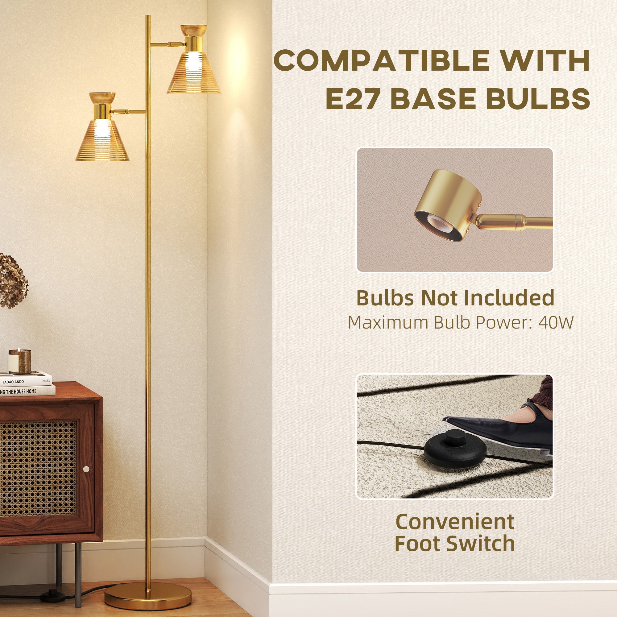 Floor Lamp with Adjustable Dual Head, Modern Standing Lamp with Floral Glass Shades and Foot Switch for Living Room Bedroom, E27 Socket, Bulb Not Included, Gold Tone