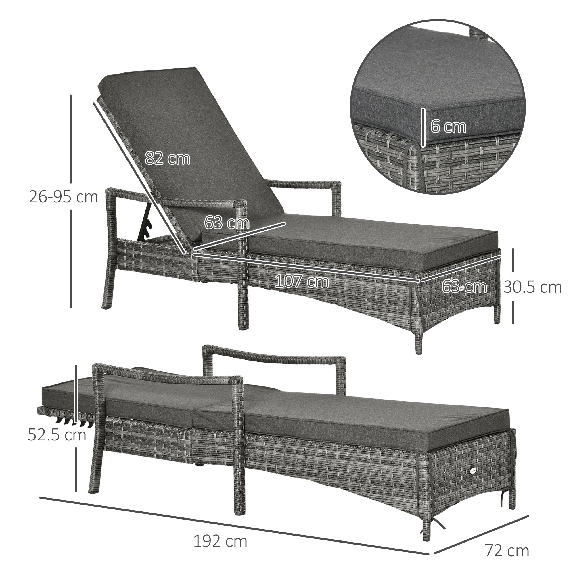 Outsunny Patio Rattan Sun Lounger, Dual Wicker Weave Outdoor Single Reclining Chair Furniture, 5-Level Adjustable Backrest w/ Removeable & Washable Cushion, Mixed Grey
