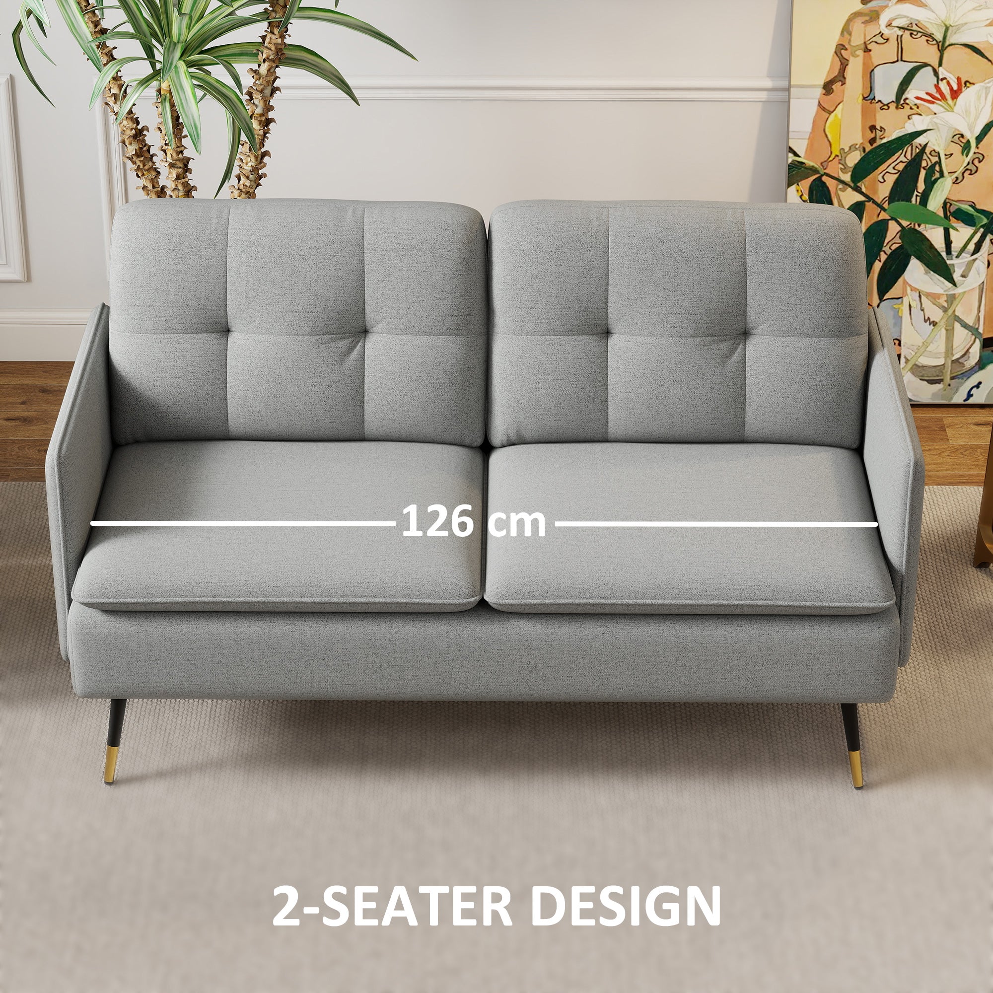 HOMCOM Modern Two Seater Sofa, Button Tufted Loveseat with Cushions and Steel Legs for Living Room, Guest Room, Grey