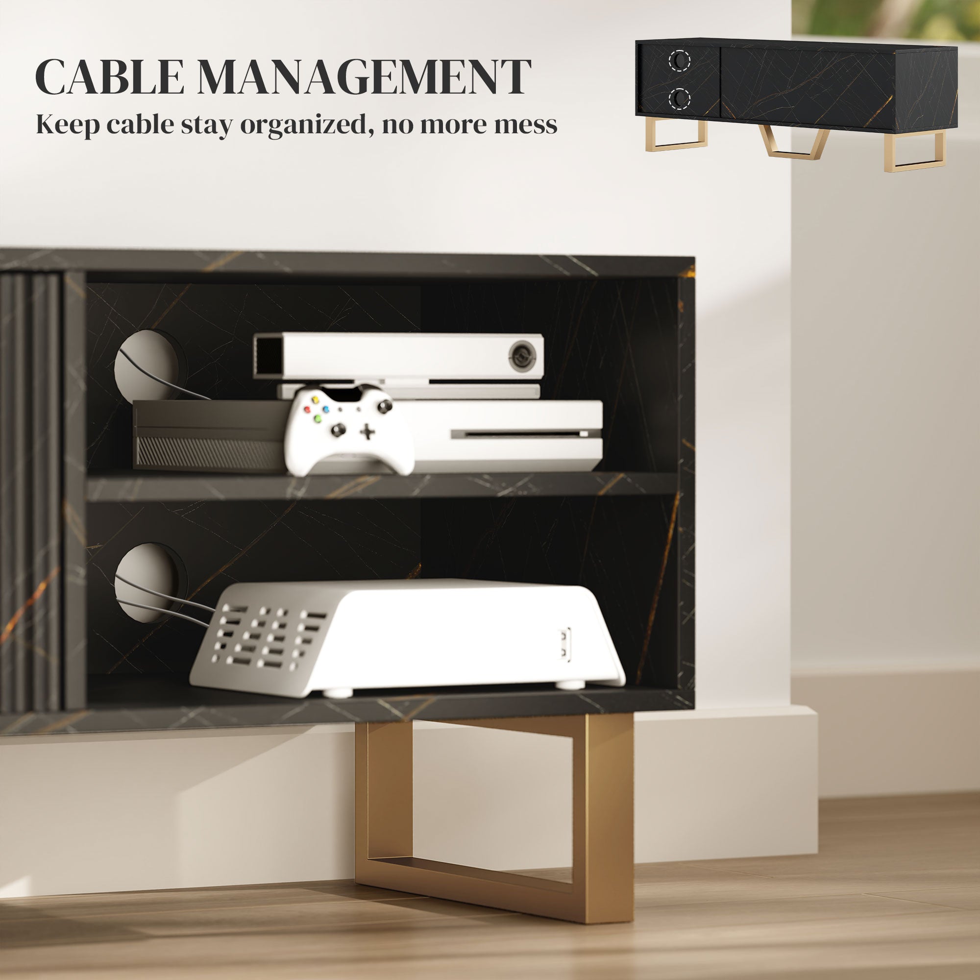 Marble Effect TV Unit, Modern TV Stand Cabinet for up to 70" TVs, with Shelves and Storage Cupboard, Fluted Door, Extra Centre Leg, Cable Management for Living Room, Black