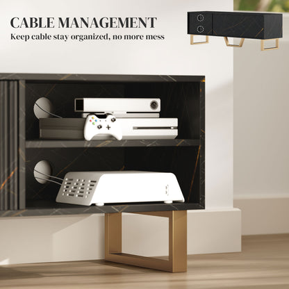 Marble Effect TV Unit, Modern TV Stand Cabinet for up to 70" TVs, with Shelves and Storage Cupboard, Fluted Door, Extra Centre Leg, Cable Management for Living Room, Black