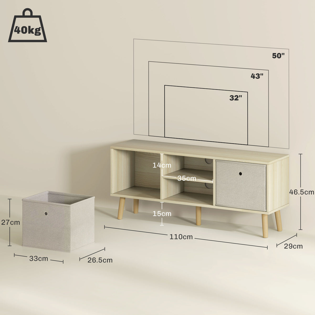TV Cabinet Stand Unit for TVs up to 50'' with Foldable Drawers, Entertainment Centre for Living Room Natural