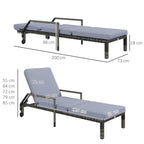 Outsunny Outdoor PE Rattan Sun Lounger Set of 2, Wicker Chaise Recliner Garden Chair with 5-Level Adjustable Backrest and 2 Wheels, Dark Grey