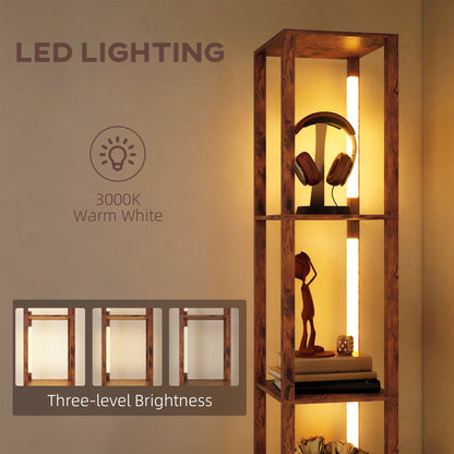 Floor Lamp with Shelves, LED Column Modern Standing Lamp with Fabric Drawer, Adjustable Brightness, Foot Switch for Living Room, Bedroom, Office, Rustic Brown