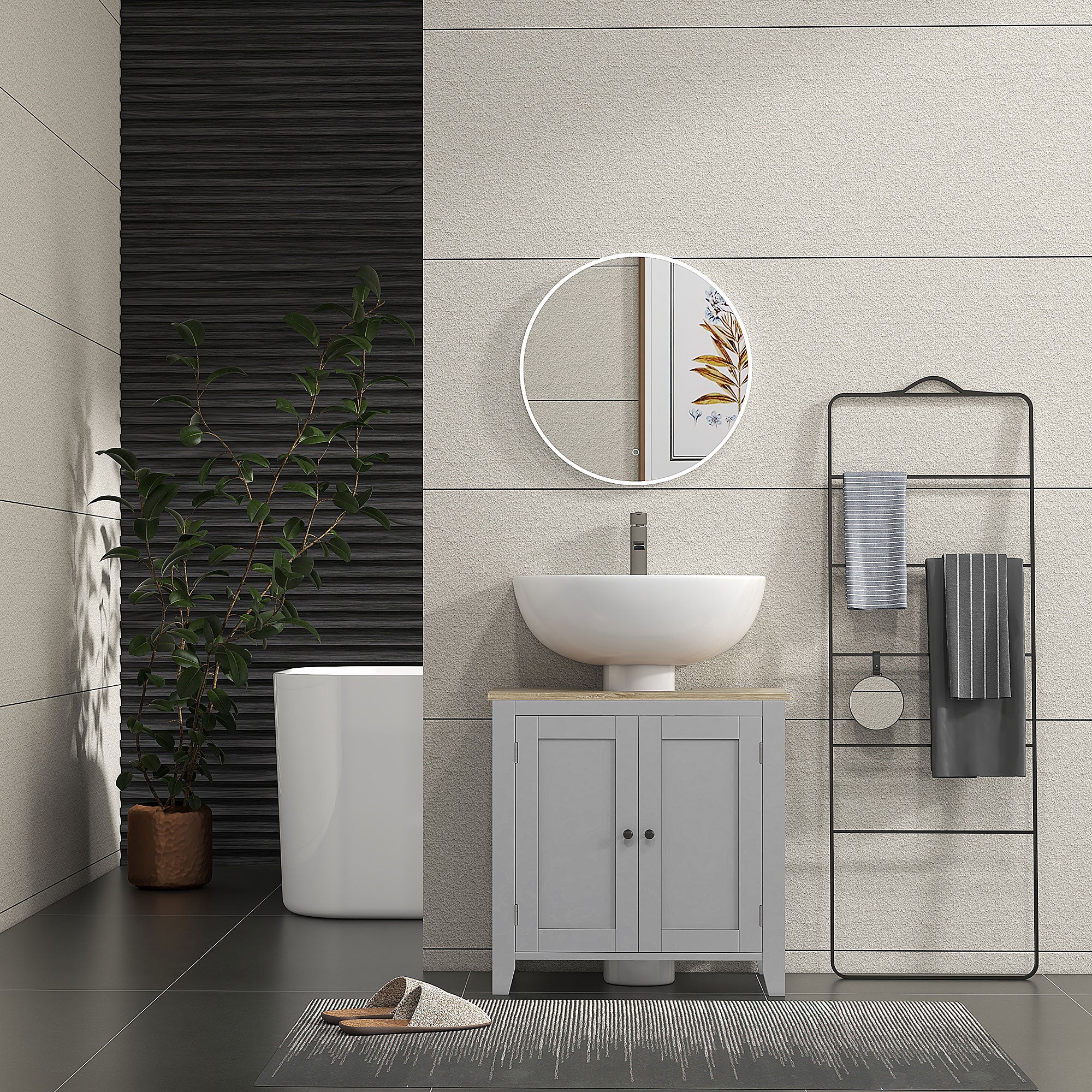 kleankin Under Sink Cabinet, Bathroom Sink Cabinet with 2 Doors, Pedestal Under Sink Design, Freestanding Bathroom Cupboard with Adjustable Shelf, Grey
