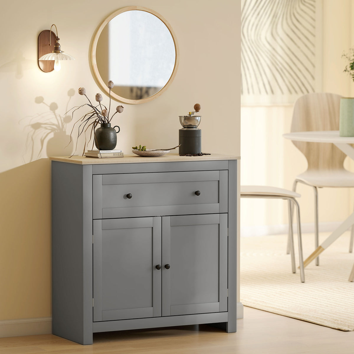Sideboard Storage Cabinet, Morden Kitchen Cupboard with Adjustable Shelf, Drawer and Double Doors, Sideboard for Living Room, Dining Room, Hallway, Grey