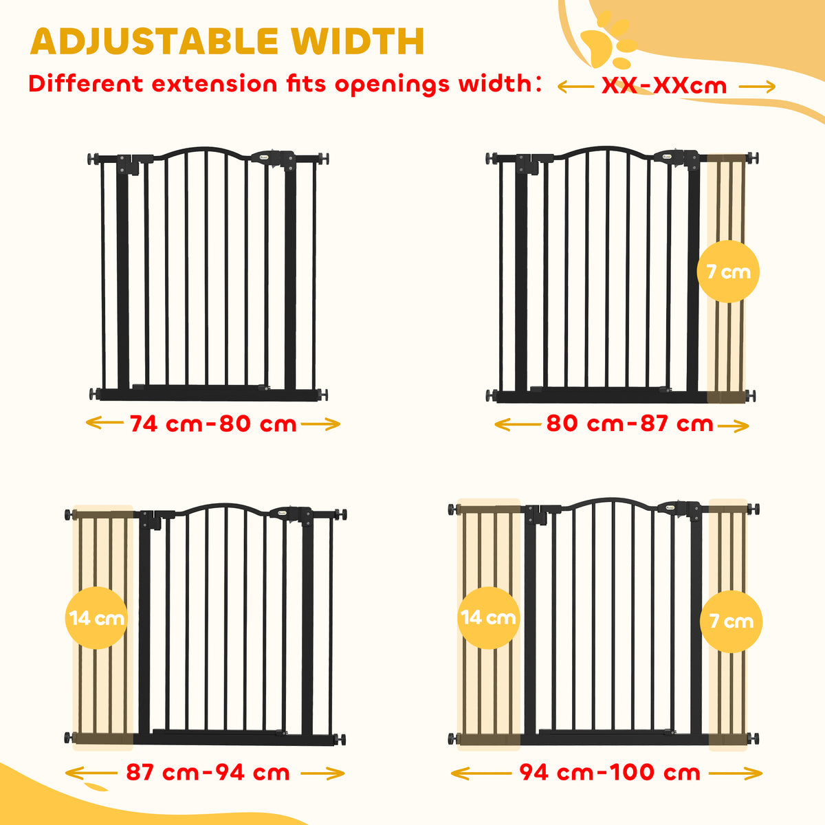 PawHut Metal 74-100cm Adjustable Pet Gate Safety Barrier w/ Auto-Close Door Black