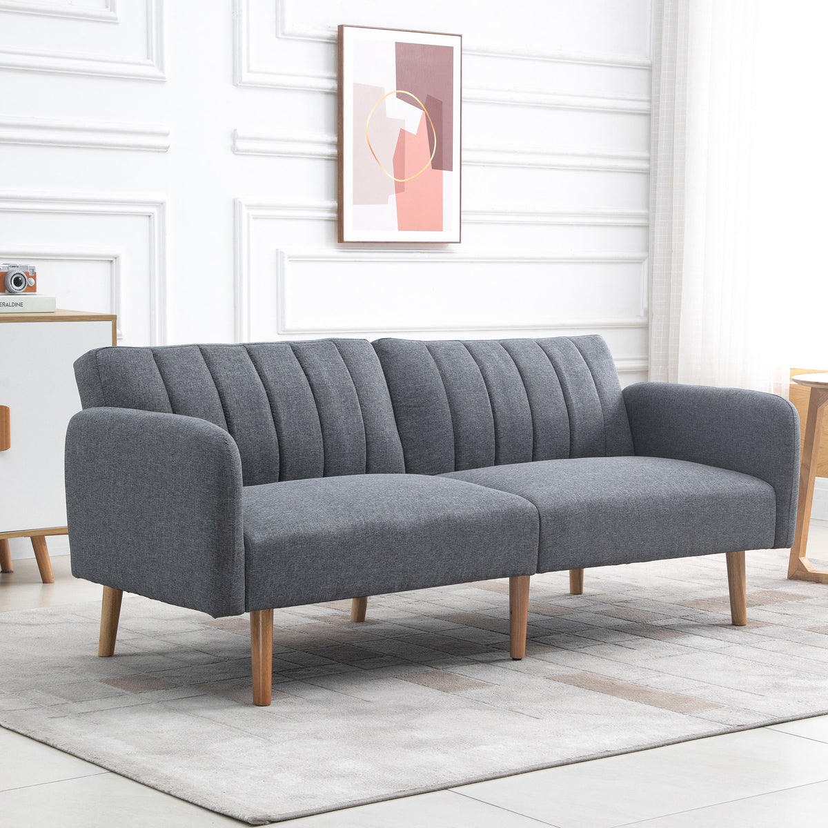 3 Seater Sofa Bed, Convertible Linen Fabric Sofa Couch, Click Clack Sofabed with Adjustable Split Backrest for Living Room, Bedroom, Guest Room, Grey