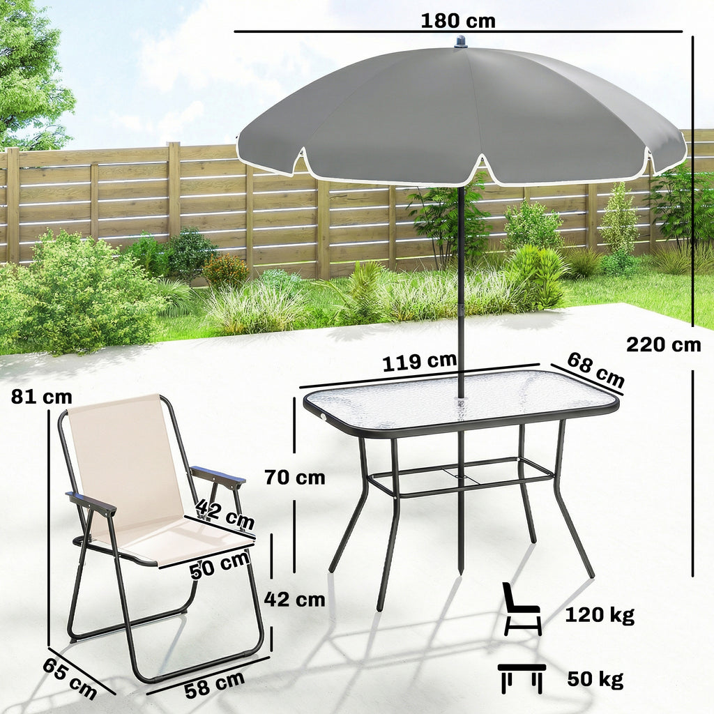 Outsunny 8 Piece Garden Dining Set with Umbrella Garden Furniture Set with 6 Folding Chairs, Tempered Glass Table for Patio Cream