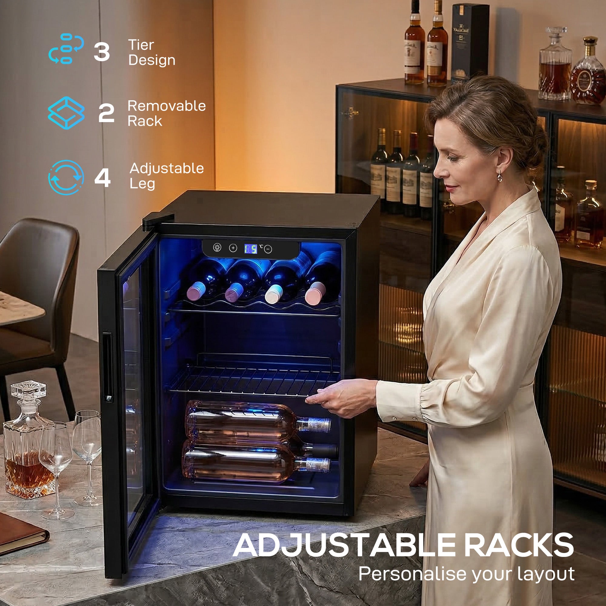 16 Bottle Wine Cooler, 48 Litre Capacity, 4-16°C Tabletop Counter Drinks Wine Fridge with Glass Door, LED Light, Black