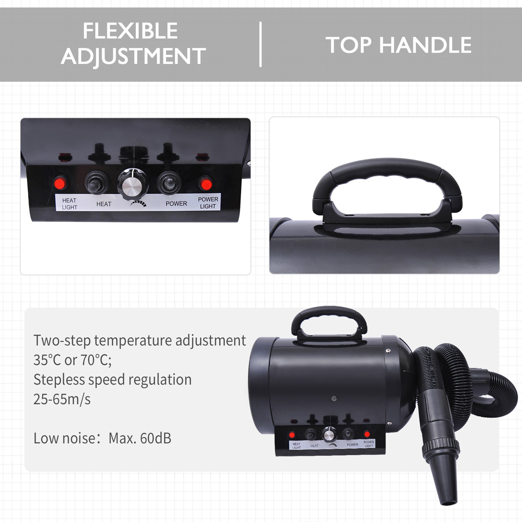 PawHut Dog Hair Dryer Pet Grooming Blaster Dryer Blower Adjustable Temperature Speed with 2.1M Flexible Hose 3 Nozzles - Black