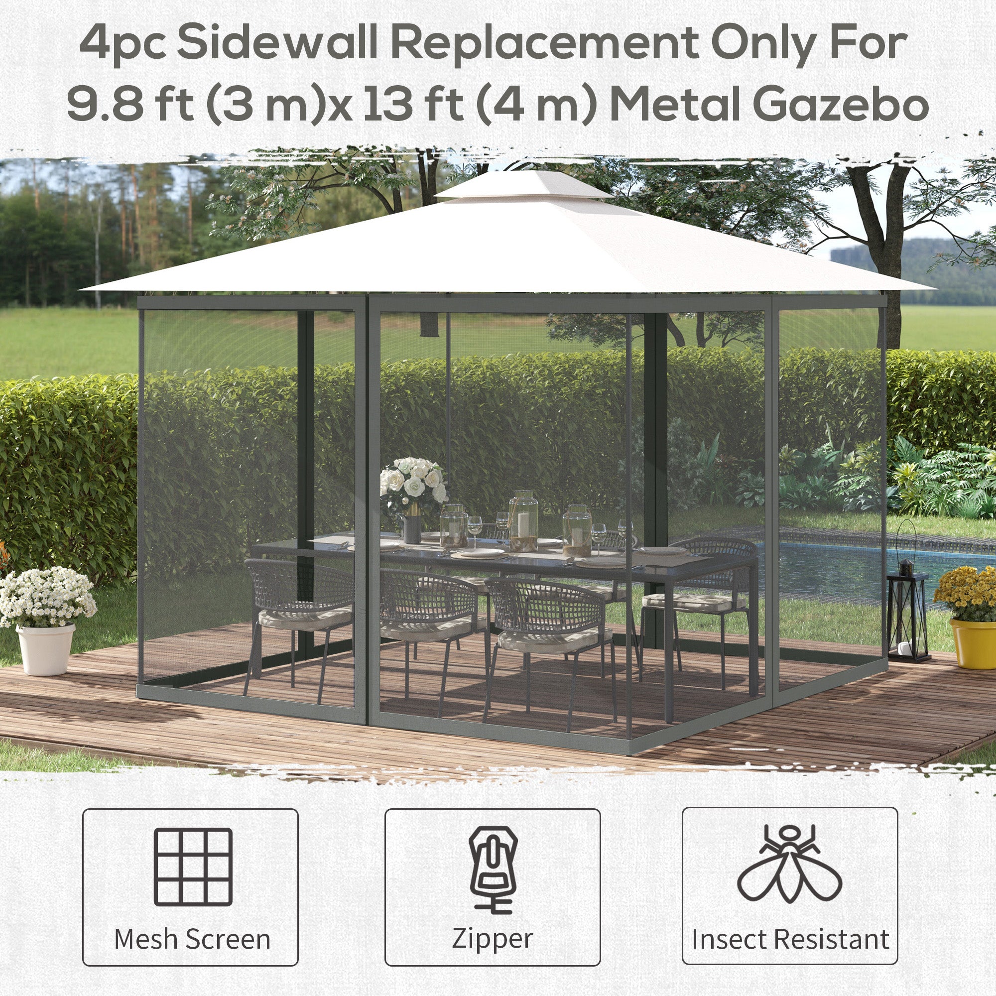 Outsunny 352 x 207cm Universal Replacement Mesh Sidewall Netting for Patio Gazebos and Canopy Tents, (Sidewall Only) Dark Grey