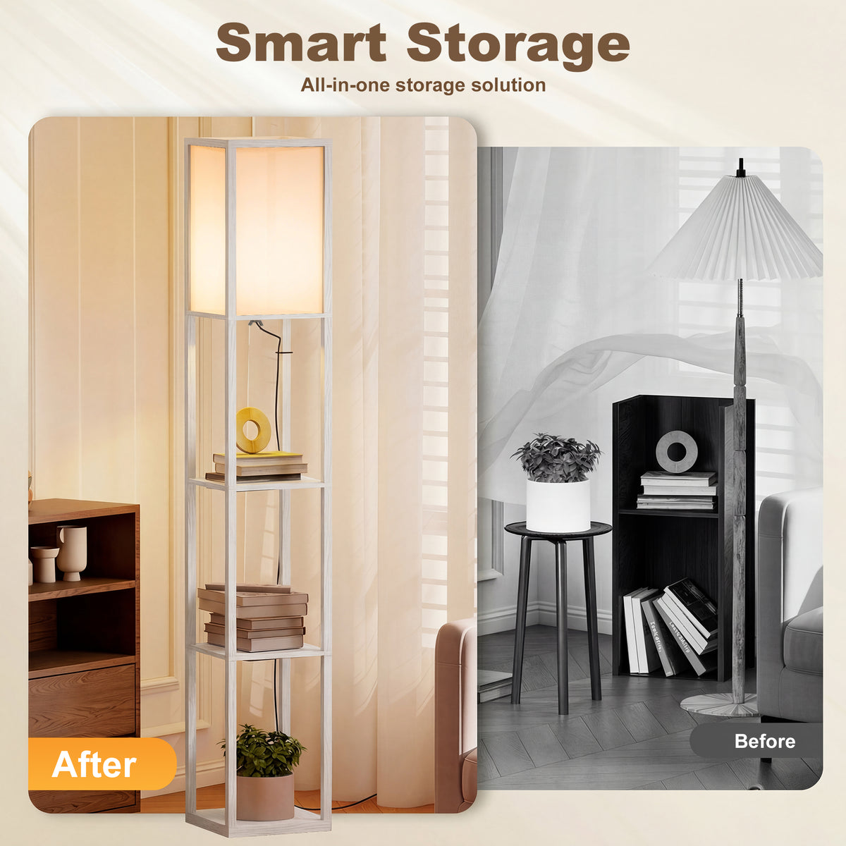 3-Tier Floor Lamp with Shelves and Storage, Modern Corner Standing Lamp with Lampshade, Reading Light with Foot Switch for Living Room, Bedroom, Home Office, Bulb not Included, White
