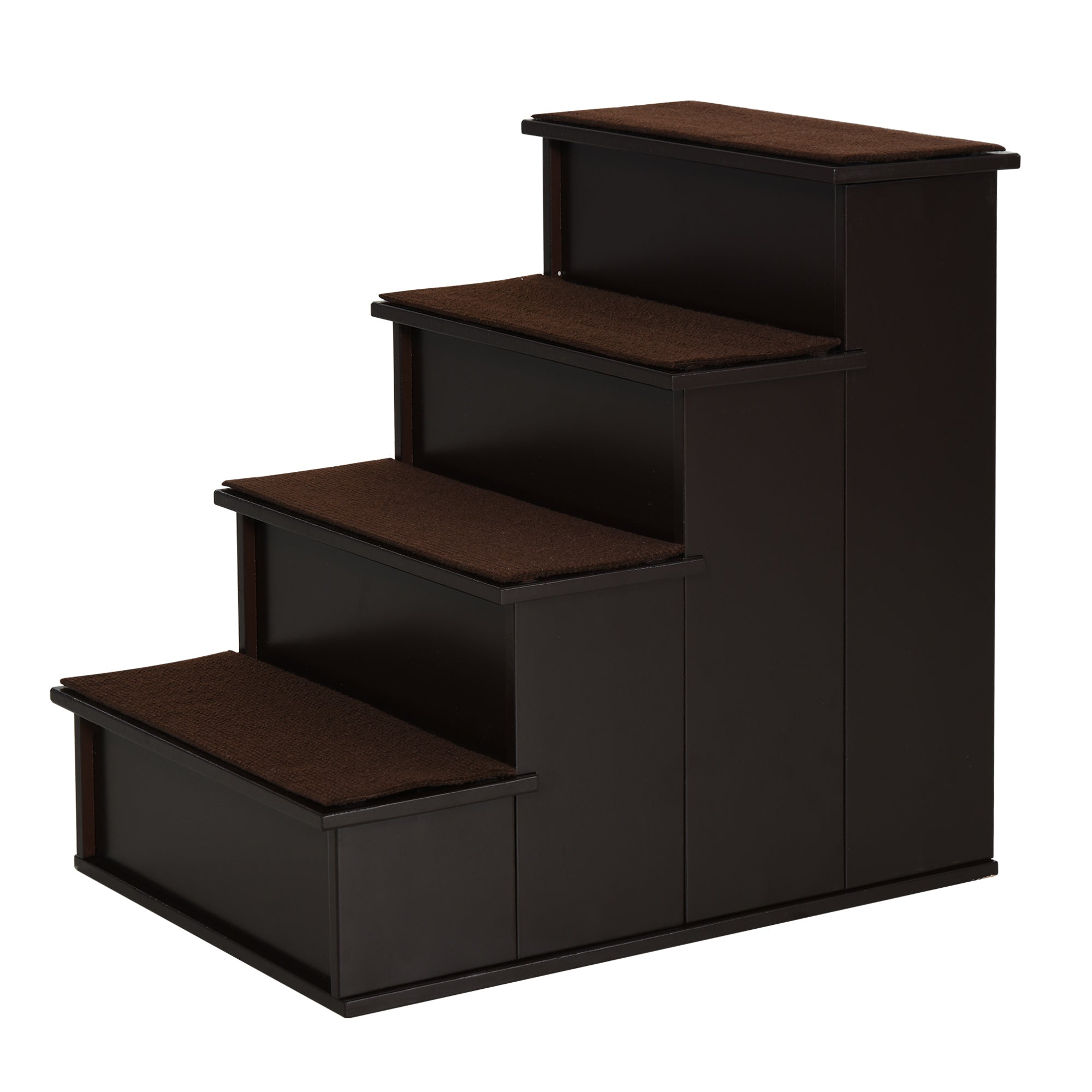 PawHut 4 Step Dog Steps for Bed, Wooden Dog Steps for Sofa, Pet Stairs for Bed Couch with Non-Slip Carpet for Cats and Puppies, 40 x 59 x 54.2 cm, Dark brown