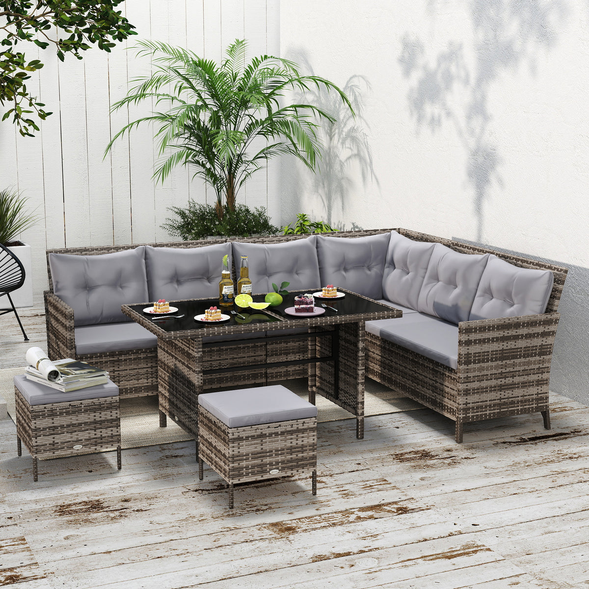 Outsunny 8 Seater Rattan Sofa Set, Rattan Garden Furniture Set with Tempered Glass Table & Thick Cushions, Grey