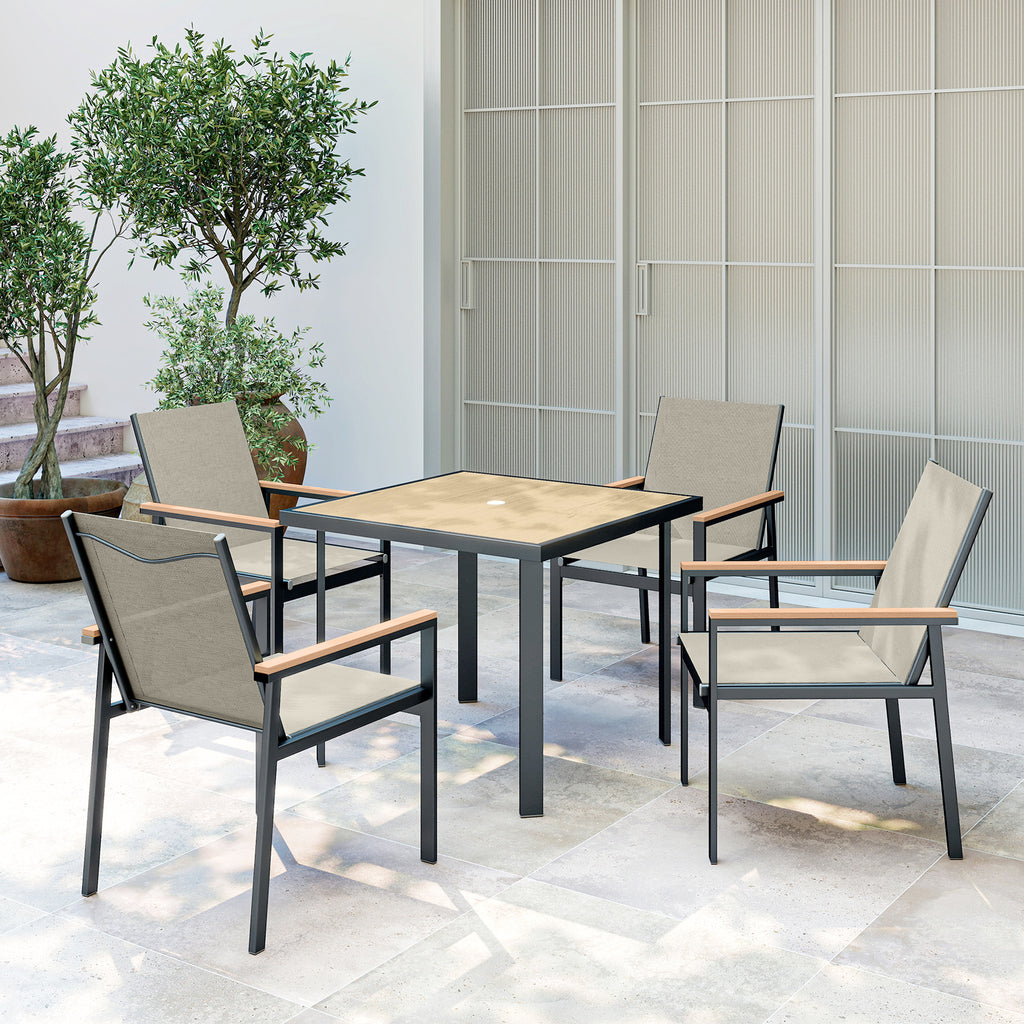 Outsunny Five-Piece Metal Dining Set, with Glass-Top Table - Khaki