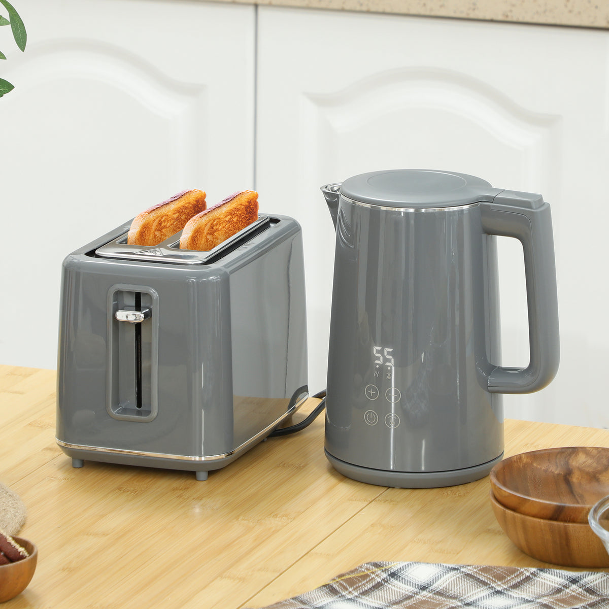 Digital Stainless Steel Kettle and Toaster Set, 1.5L 3000W Fast Boil Kettle, 2 Slice Toaster with 7 Level Browning Controls, Defrost, Reheat, Keep Warm, Crumb Tray and LED Touch Display, Grey
