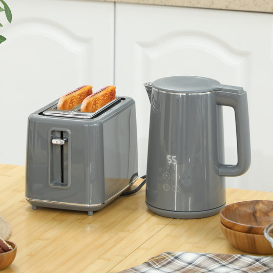 Digital Stainless Steel Kettle and Toaster Set, 1.5L 3000W Fast Boil Kettle, 2 Slice Toaster with 7 Level Browning Controls, Defrost, Reheat, Keep Warm, Crumb Tray and LED Touch Display, Grey