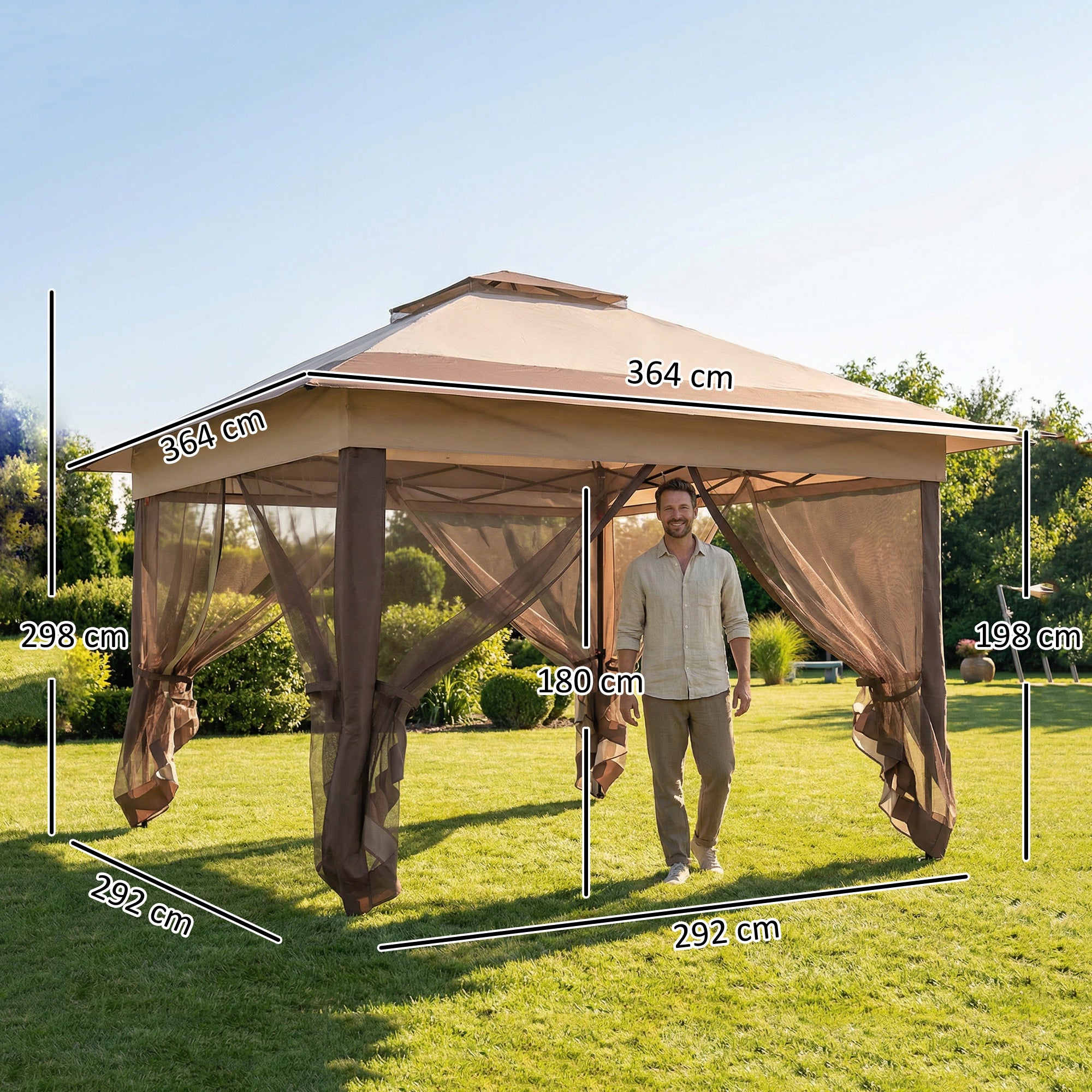 Outsunny 3.6 x 3.6 m Pop up Gazebo with Netting, Height Adjustable Party Tent Instant Canopy Sun Shade Shelter, Khaki