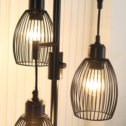 3-Light Floor Lamp, 170cm Industrial Dimmable Standing Lamp with Steel Wire Cage Lampshades for Living Room, Bedroom, Dining Room, Study, Bulb Not Included, Black