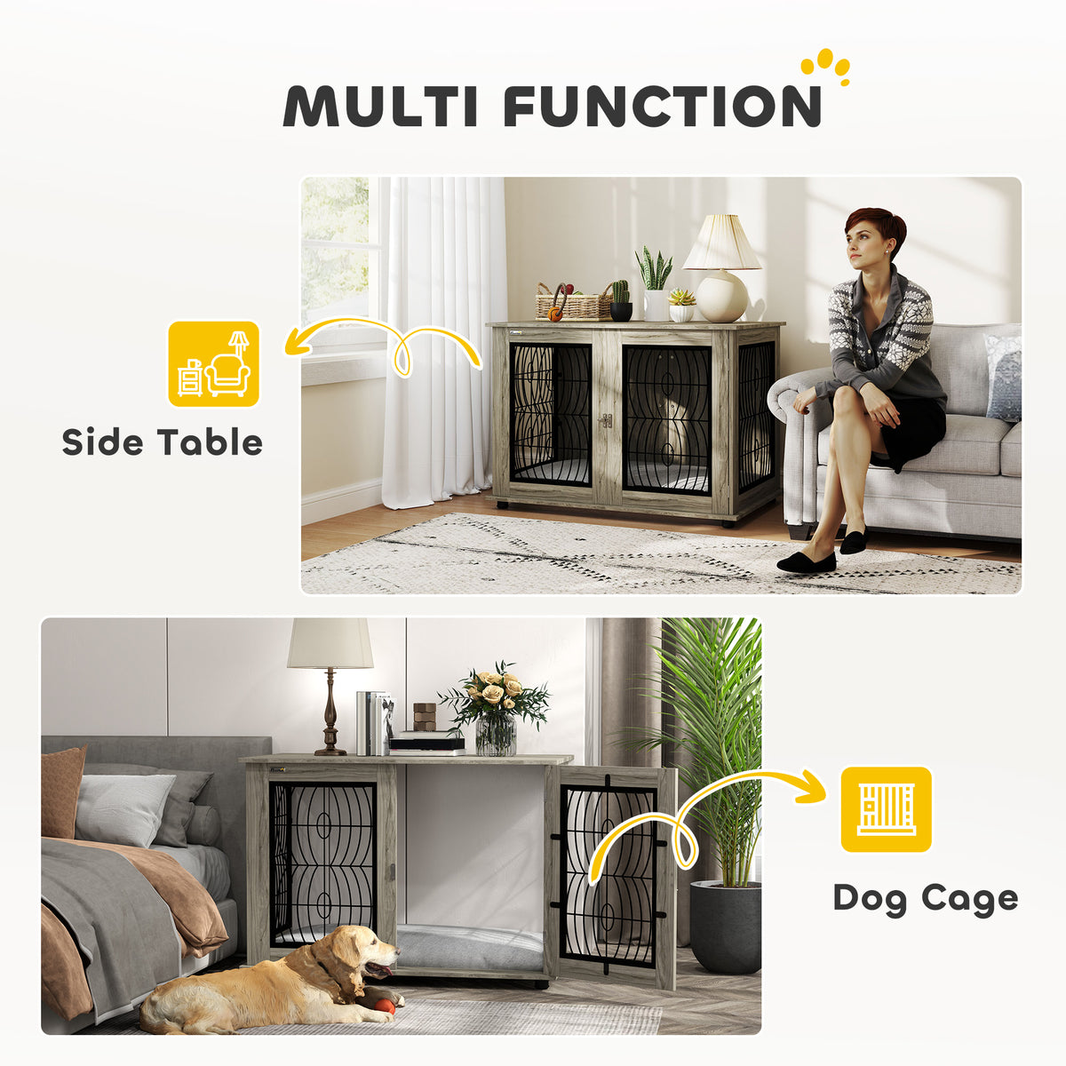 PawHut 46.46'' Dog Crate Furniture Table with Soft Washable Cushion and Lockable Door, for Large Indoor Dogs, Grey