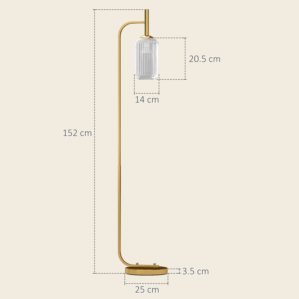 LED Floor Lamp for Living Room with Glass Lampshade, Modern Standing Lamp with Foot Switch, Adjustable Brightness, 2700K for Bedroom, Gold Tone