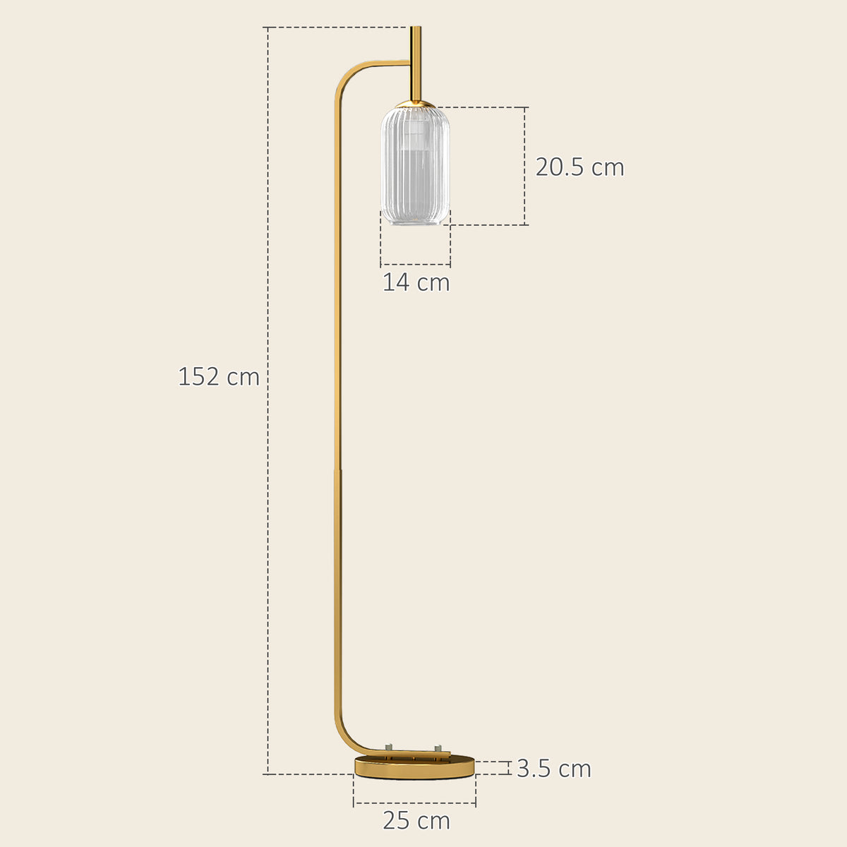 LED Floor Lamp for Living Room with Glass Lampshade, Modern Standing Lamp with Foot Switch, Adjustable Brightness, 2700K for Bedroom, Gold Tone