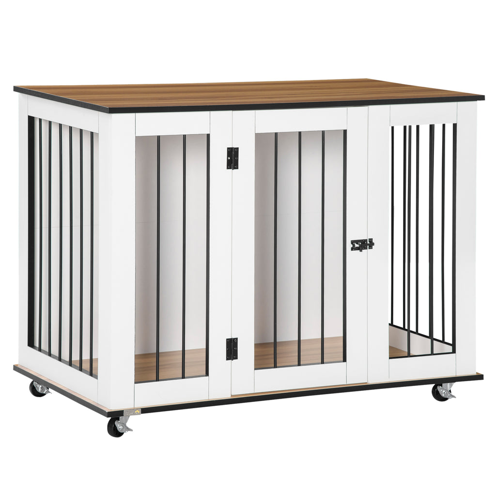 PawHut Dog Crate Furniture, Dog Cage End Table, with Wheels, for Large Dogs, 106 x 60 x 82 cm  - White