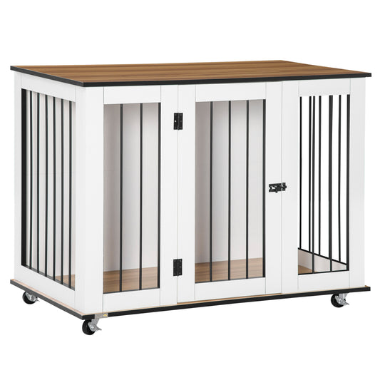 PawHut Dog Crate Furniture, Dog Cage End Table, with Wheels, for Large Dogs, 106 x 60 x 82 cm  - White