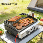 Outsunny 2 Burner Grill Griddle, Portable Gas Plancha with Warming Rack, 5 kW, Tabletop Gas BBQ with Grease Cup, Black