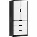 2 Door Wardrobe, Modern Wardrobe with 3 Drawers and Hanging Rod for Bedroom, Black