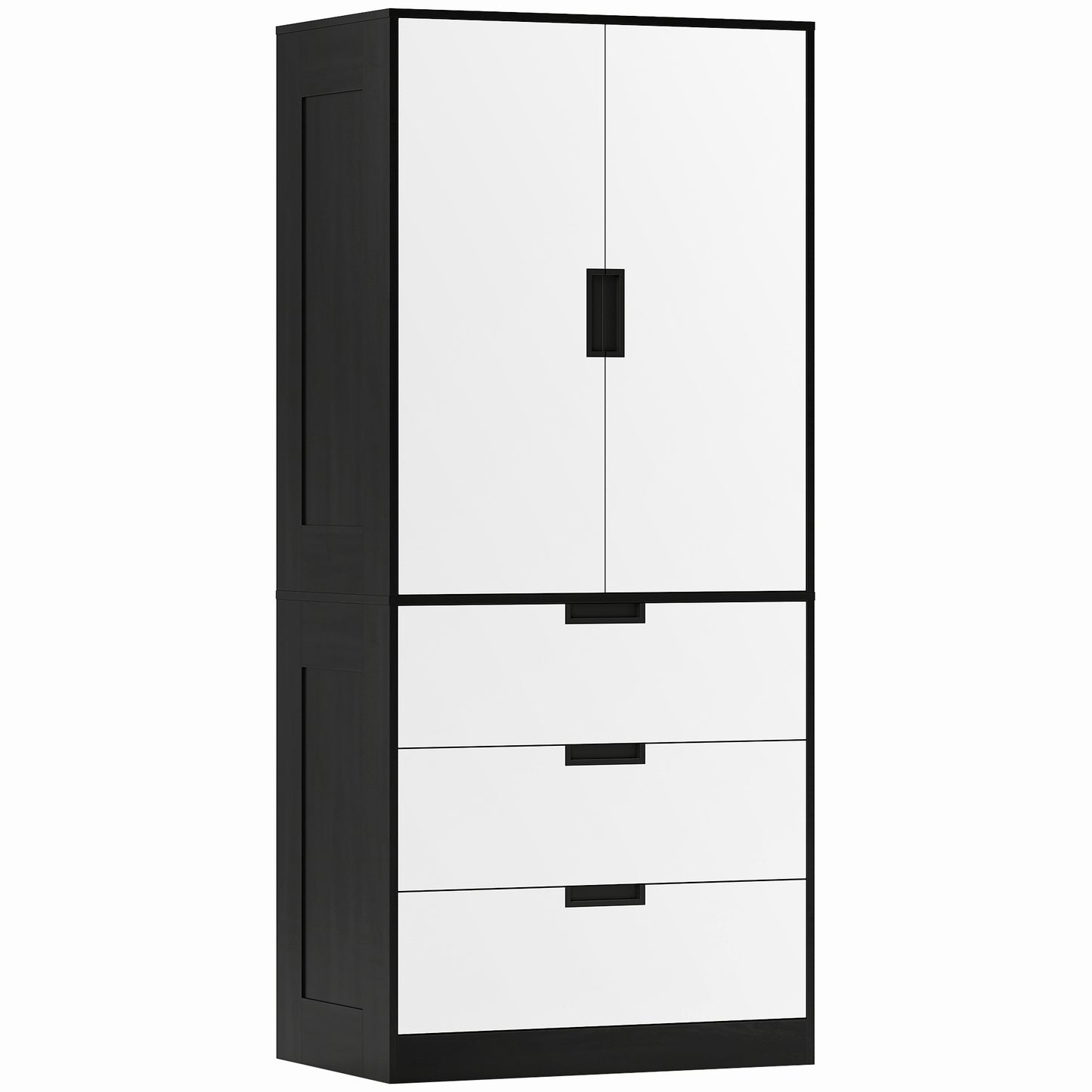 2 Door Wardrobe, Modern Wardrobe with 3 Drawers and Hanging Rod for Bedroom, Black