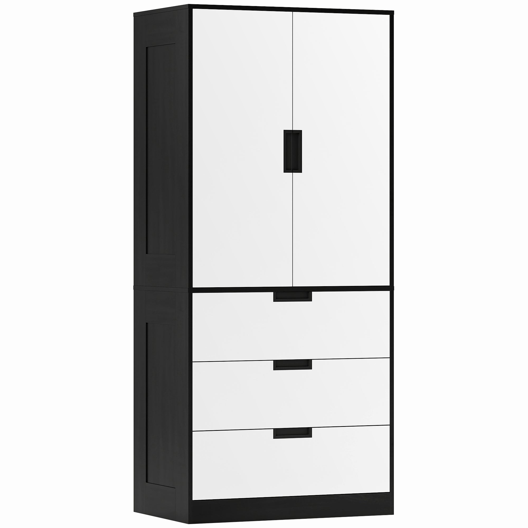 2 Door Wardrobe, Modern Wardrobe with 3 Drawers and Hanging Rod for Bedroom, Black