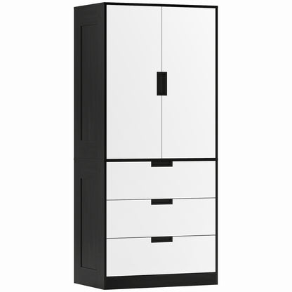 2 Door Wardrobe, Modern Wardrobe with 3 Drawers and Hanging Rod for Bedroom, Black